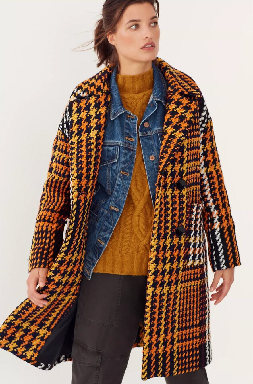 NVLT Millie Plaid Coat Small Orange Black Wool Blend Houndstooth Double-Breasted